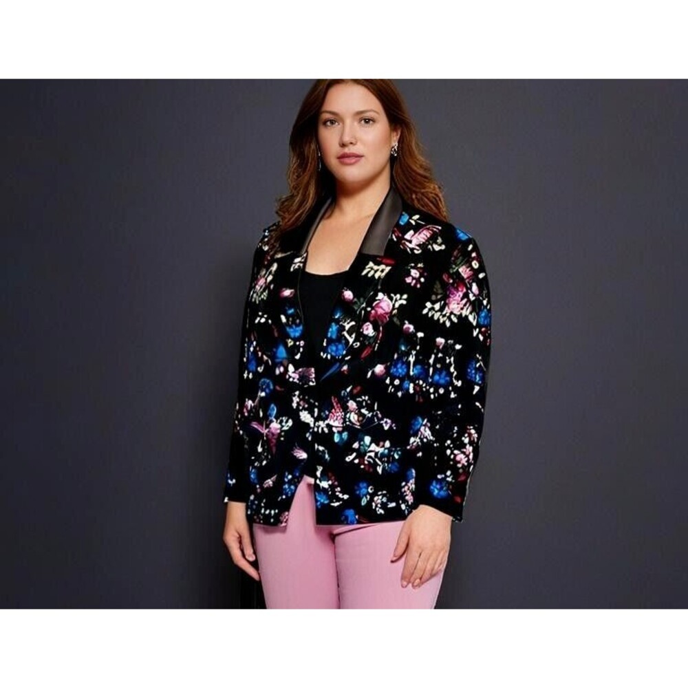 Lane Bryant Jacket Womens Size 20 Velvet Faux Leather Trim Crystal Button Floral